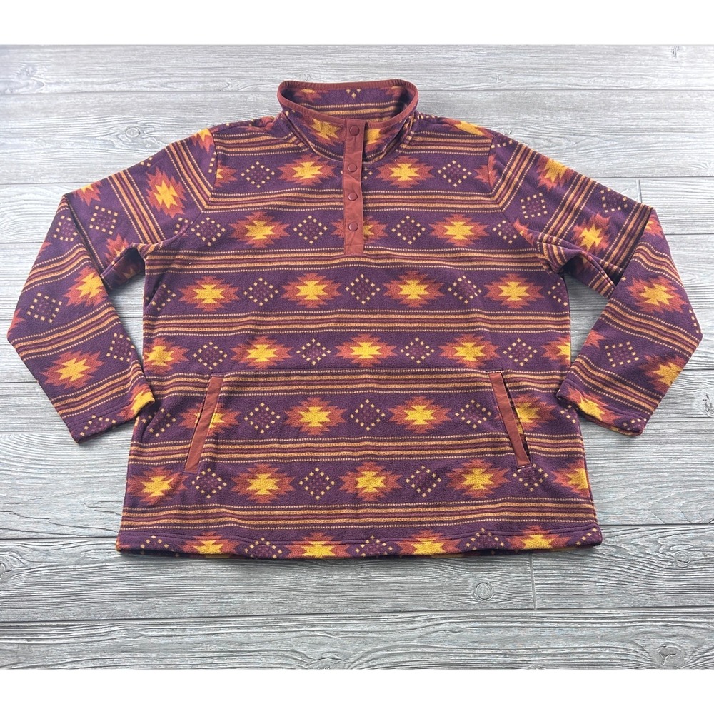 LL Bean Southwestern Fleece Pullover XXL Purple Orange Geometric Snap Neck